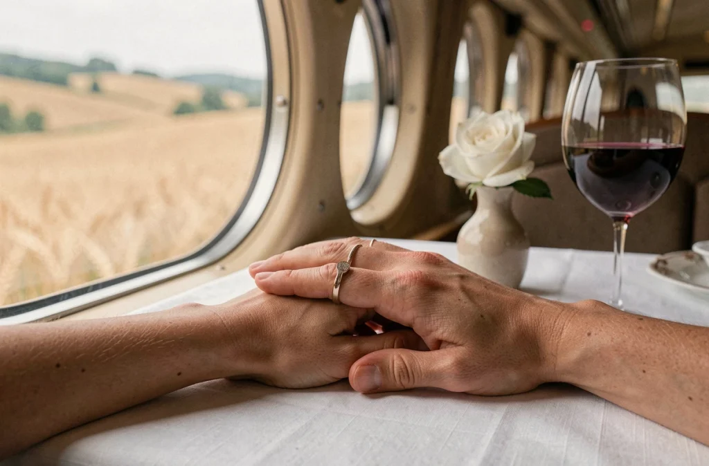 Mains de mariés avec alliances dans le wagon-restaurant d'un train panoramique traversant la campagne française