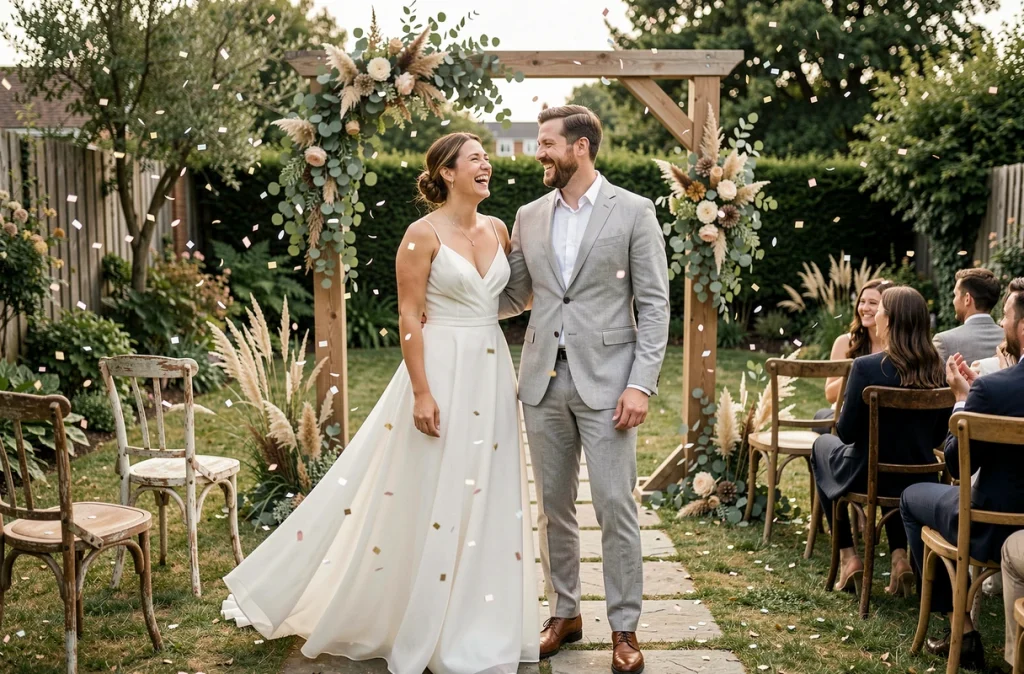 Couple souriant lors d'un mariage intime en plein air, mariée en robe chiffon minimaliste et marié en costume lin gris clair