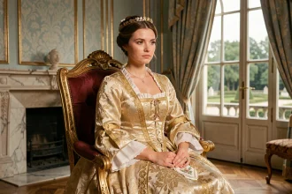 Portrait d'une reine en robe de cour du XVIIe siècle assise dans un salon de Versailles, expression mélancolique et posture digne évoquant la vie sacrifiée de Marie-Thérèse épouse de Louis XIV