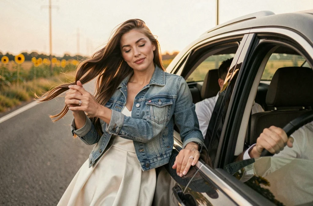Mariée en robe de satin et veste en jean penchée à la fenêtre d'une voiture sur une route de campagne bordée de tournesols