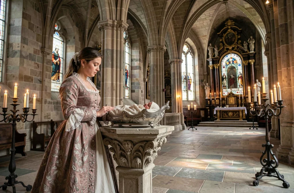 Femme en robe de cour du XVIIe siècle tenant un nourrisson près des fonts baptismaux d'une chapelle baroque, évoquant la maternité royale et la naissance du Grand Dauphin