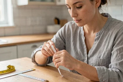 Femme mesurant son tour de doigt avec une bandelette de papier dans une cuisine moderne
