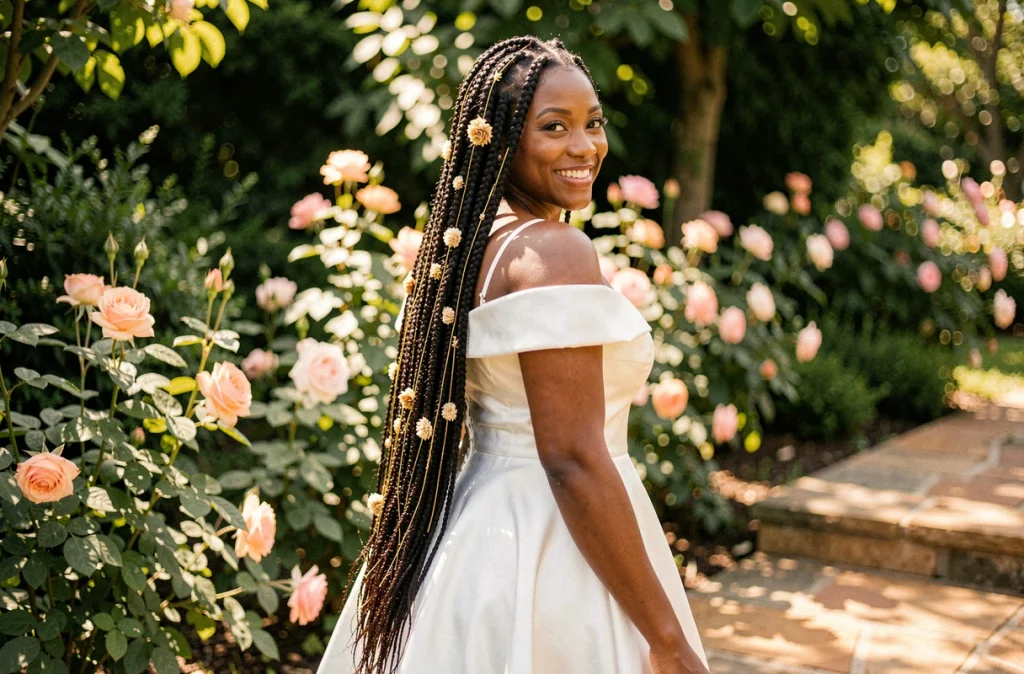 Mariée noire en robe blanche dans un jardin fleuri avec de longues nattes box braids ornées de fils dorés et de fleurs séchées