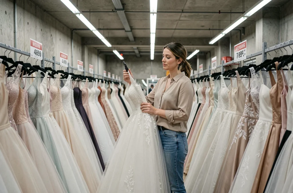 Femme cherchant une robe de mariée soldée dans un outlet de robes de mariage à Paris