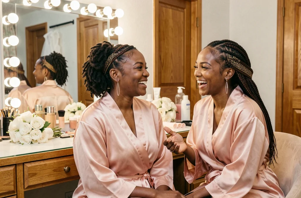 Deux femmes noires en préparation de mariage dans une suite nuptiale, coiffure natte couronne avec motifs géométriques sur cheveux crépus