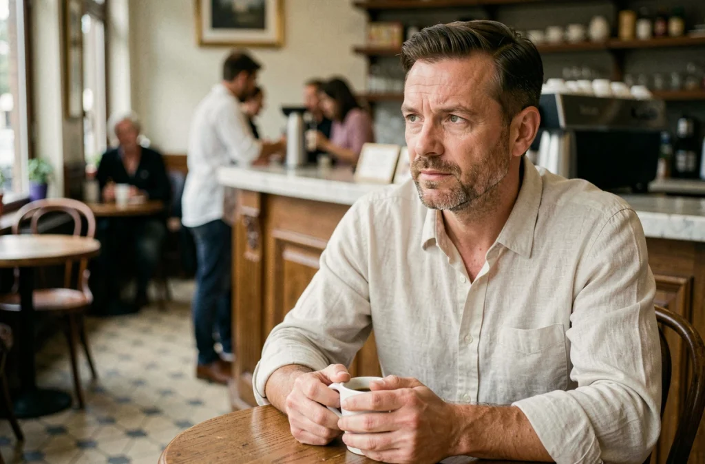 Présentateur de télévision français pensif attablé seul dans un café parisien vintage, regard perdu dans le vague