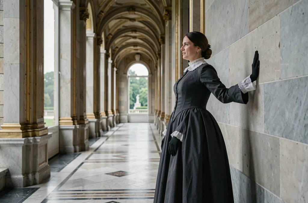 Femme en tenue de deuil royale du XVIIe siècle seule dans un long couloir de Versailles, symbolisant l'isolement et la vie sacrifiée de l'épouse de Louis XIV