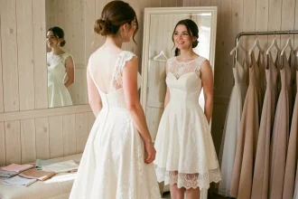Jeune femme essayant une robe de mariée pas chère dans une boutique intime, se regardant dans un miroir avec un sourire naturel