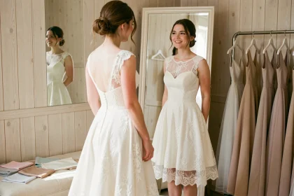 Jeune femme essayant une robe de mariée pas chère dans une boutique intime, se regardant dans un miroir avec un sourire naturel