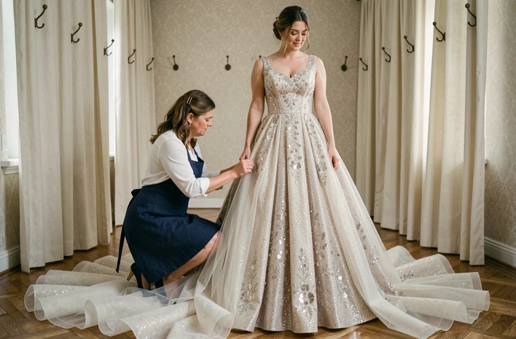 Styliste ajustant l'ourlet d'une robe de mariée princesse bouffante paillettée lors d'un essayage en atelier