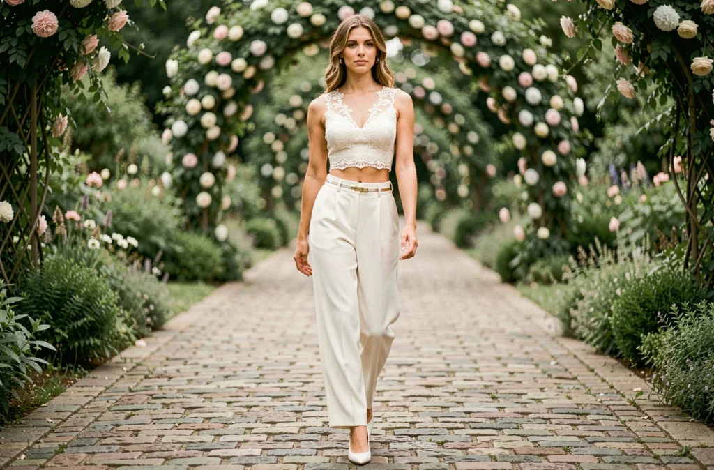 Femme portant un ensemble pantalon blanc de mariée avec top brodé et ceinture dorée dans un jardin botanique