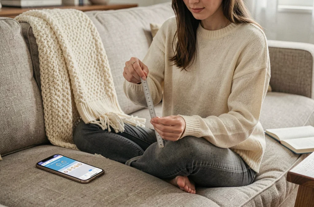 Jeune femme mesurant son tour de doigt avec une ficelle et une règle dans un salon cosy
