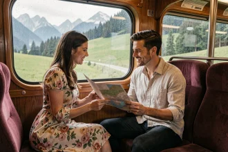 Couple de jeunes mariés partageant une carte dans un compartiment de train européen avec vue sur les Alpes