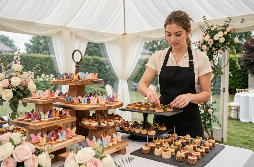 Buffet de mariage élégant signé Carré Papillon Traiteur avec canapés colorés et présentation florale raffinée
