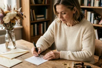 Femme écrivant une carte de félicitations de mariage tardive à la main avec un stylo plume sur un bureau en bois
