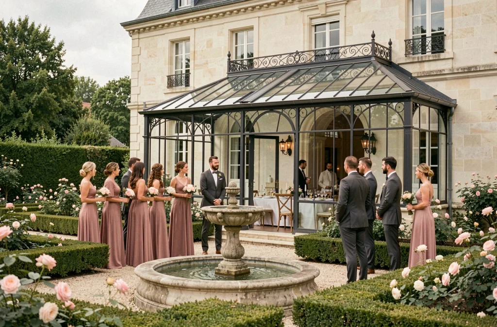 Château de Fortis près de Rouen avec mariage intime dans un jardin de roses et véranda en fer forgé