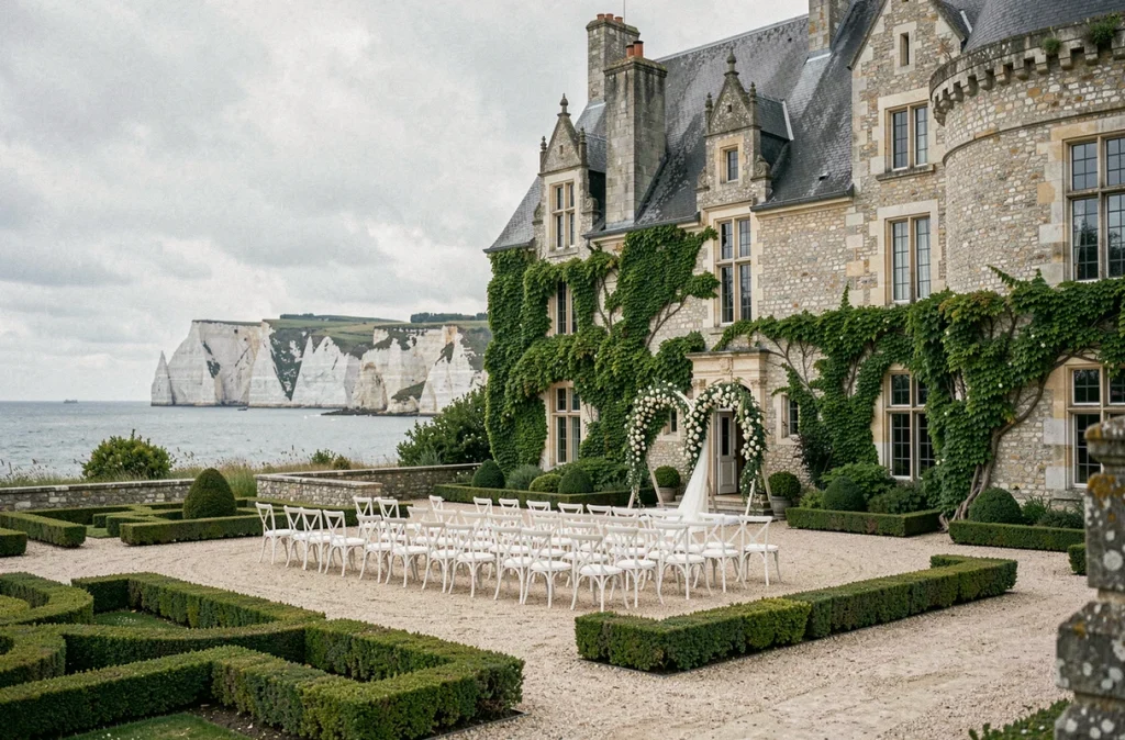 Château de Gromesnil avec cérémonie de mariage sur terrasse près de la côte d'Albâtre en Normandie