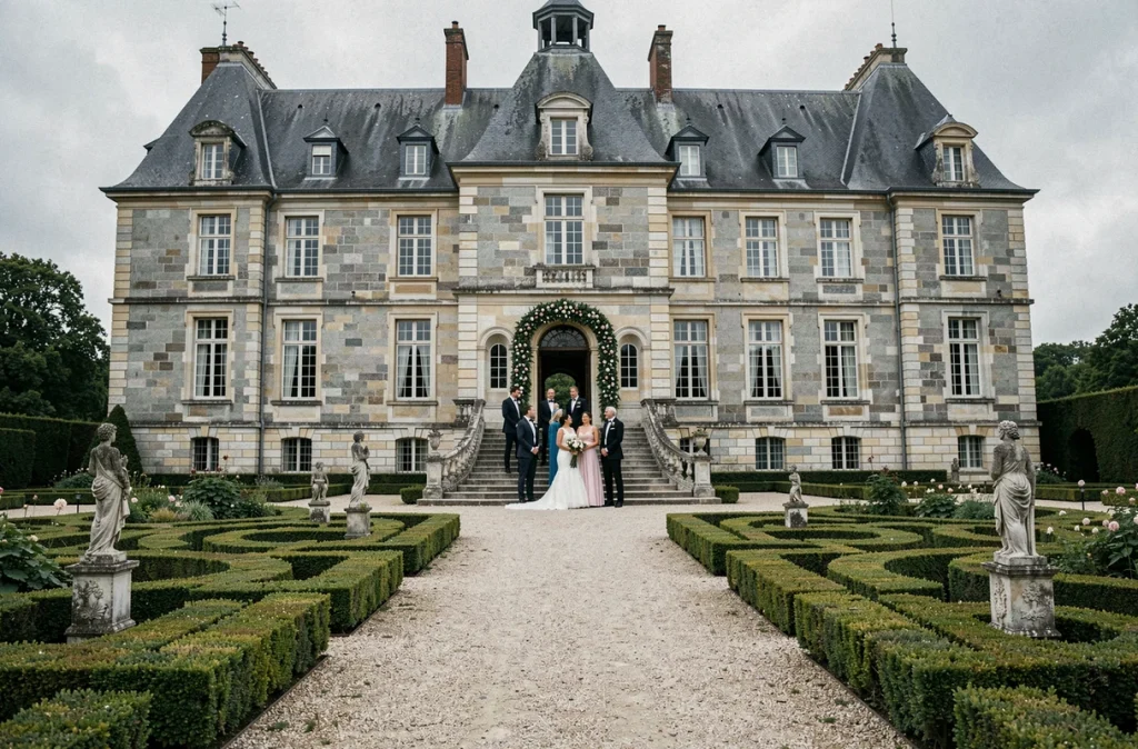 Château de Miromesnil avec groupe de mariés dans le jardin formel classique de Normandie