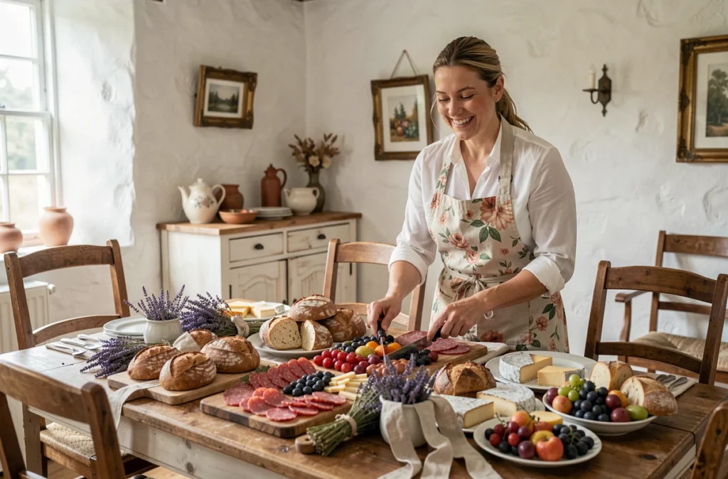 Traiteur Chez Flo disposant une table de cocktail champêtre avec produits normands dans une ferme rénovée