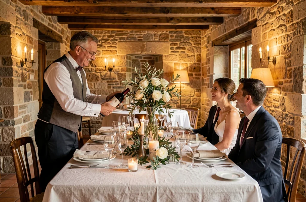 Service de traiteur de mariage gastronomique du Clos Restaurant dans un cadre en pierre avec sommelier et couple marié