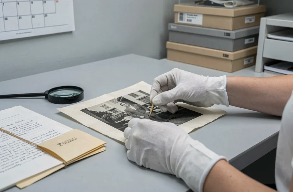 Mains gantées d'une photographe manipulant avec soin un tirage argentique historique dans un laboratoire de conservation