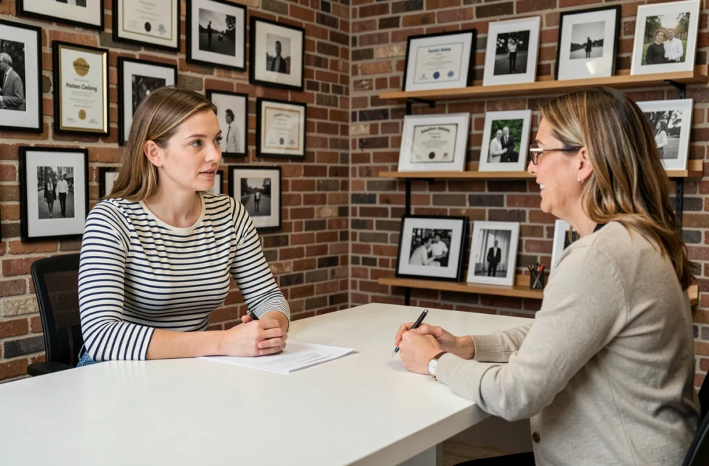 Consultation de portfolio entre une cliente et une photographe professionnelle reconnue dans un bureau moderne