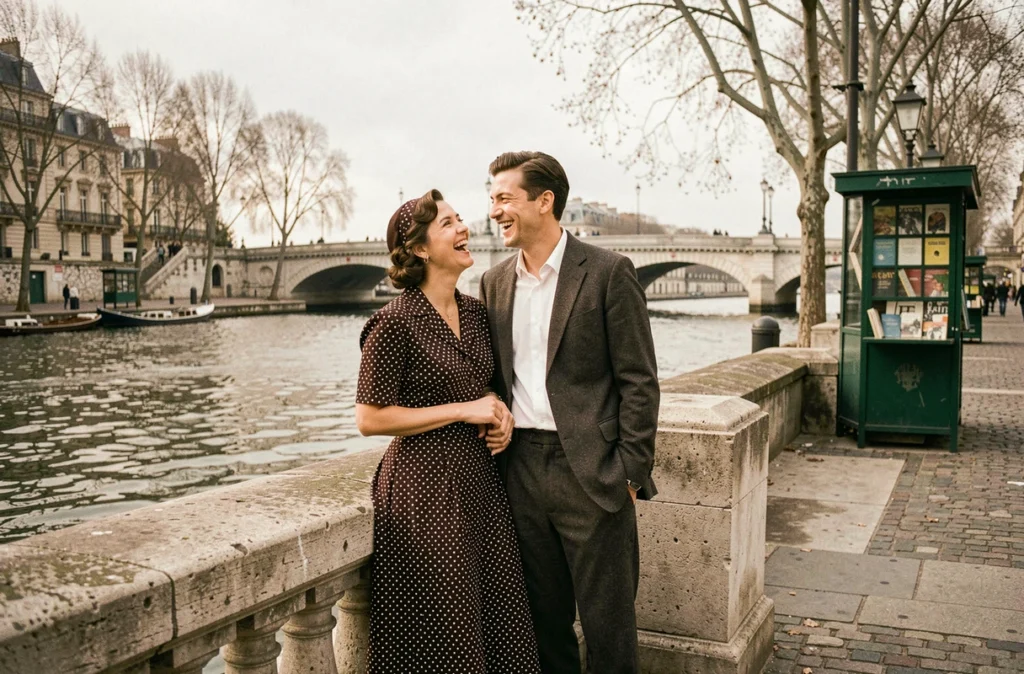 Jeune couple français en tenue des années 1950 riant sur les quais de Seine avec le Pont Neuf en arrière-plan, dans l'esprit photographique de Robert Doisneau