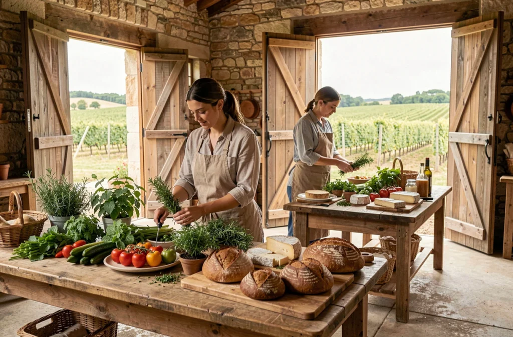 Chef du Domaine du Possible récoltant des herbes fraîches pour un buffet de mariage bio et local dans un domaine agricole occitan