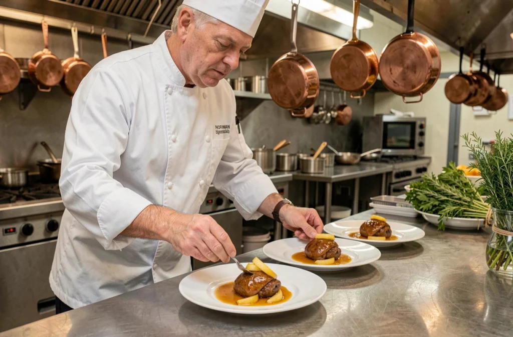 Chef cuisinier de Durand Traiteur dressant des assiettes de canard normand pour un banquet de mariage