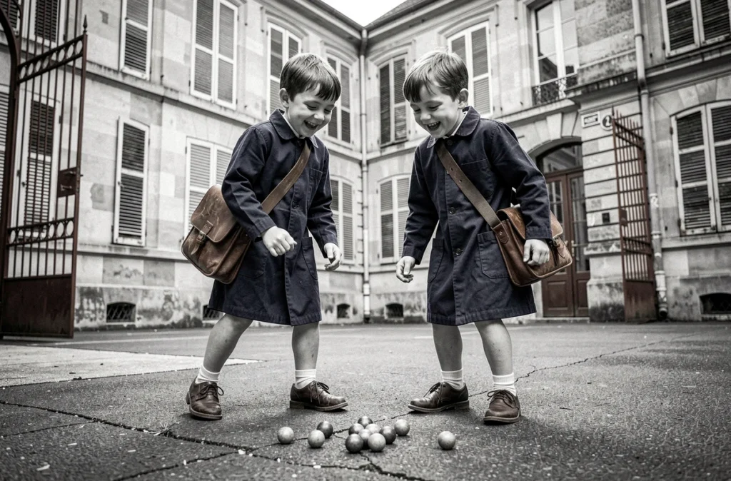 Deux écoliers en blouse marine jouant aux billes dans une cour d'école parisienne typique, photographie documentaire en noir et blanc dans le style humaniste de Doisneau