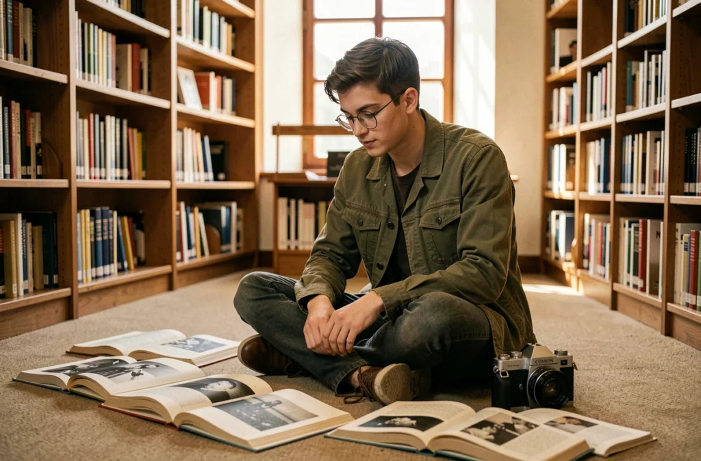 Étudiant en photographie étudiant le style de grands photographes historiques dans une bibliothèque universitaire