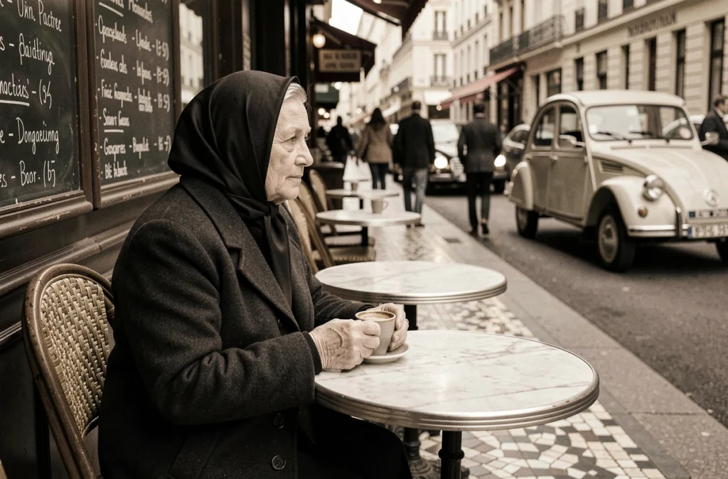 Femme âgée seule en terrasse d'un café parisien avec un expresso, regard perdu vers la rue animée, photographie documentaire en noir et blanc évoquant l'humanisme parisien de Doisneau