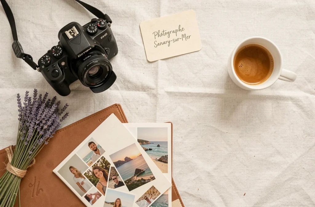 Flat lay d'un espace de travail de photographe professionnel à Sanary-sur-Mer avec appareil photo, portfolio et accessoires provençaux