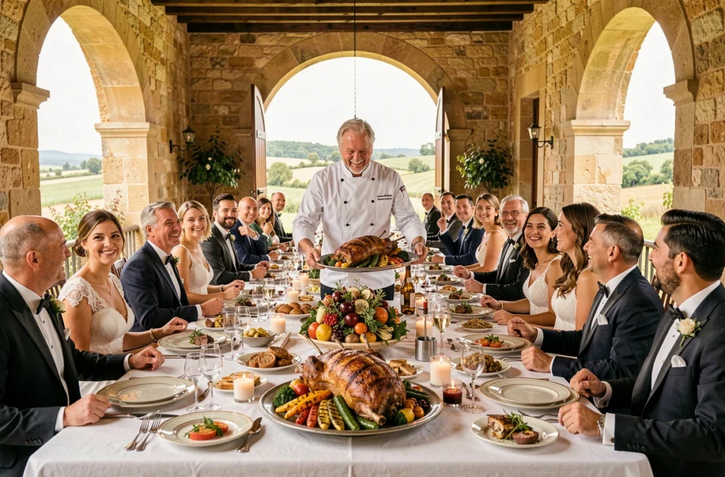Chef François Arnaud Traiteur présentant un grand plat d'agneau rôti lors d'un banquet de mariage sous les arcades d'un château occitan