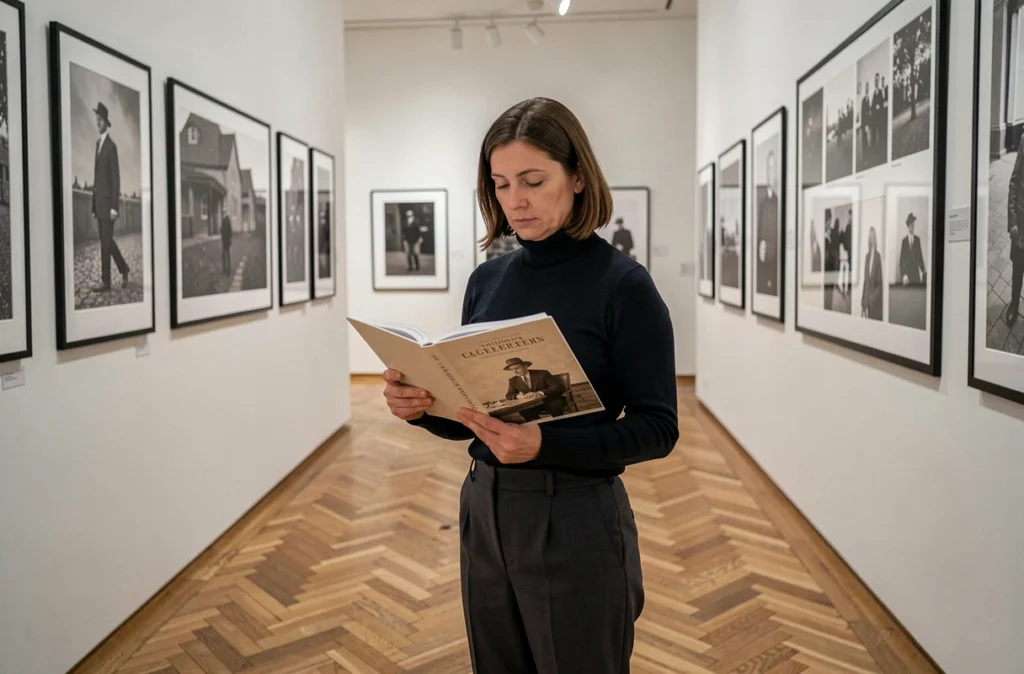 Femme consultant un livre de photographie historique dans une galerie d'exposition muséale