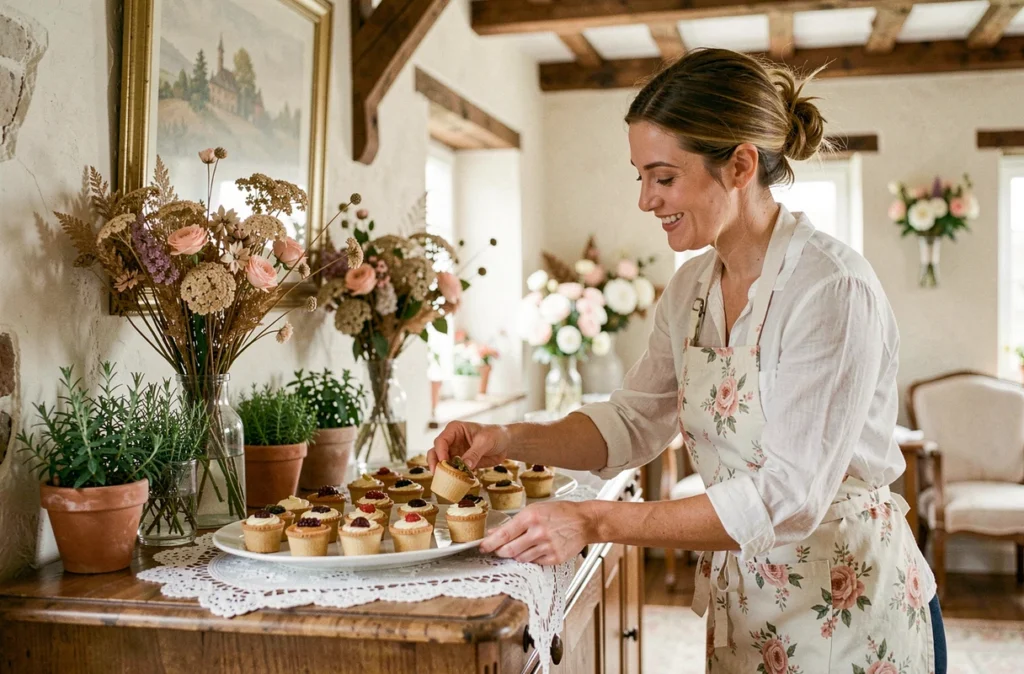 Traiteur La Bichonnière présentant des desserts artisanaux sur un buffet de mariage décoré dans une maison de campagne française