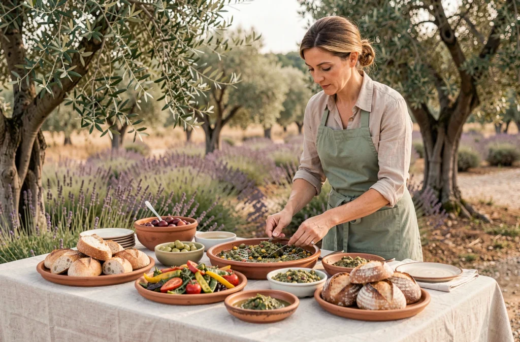 Table de buffet mariage de La Lucques avec spécialités à base d'olives et produits provençaux sur fond de paysage occitan