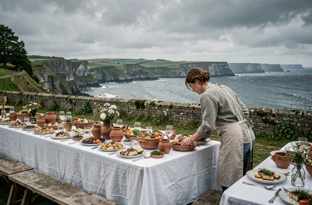 Dîner de mariage en plein air à La Roche à Bunel avec vue sur les falaises normandes et buffet de produits locaux