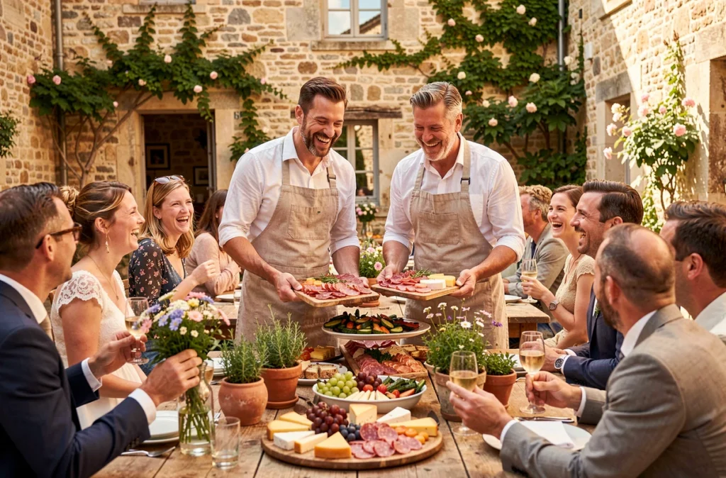Les Tontons Gourmands servant des plateaux généreux de charcuterie et fromages lors d'un repas de mariage convivial en cour de ferme occitane