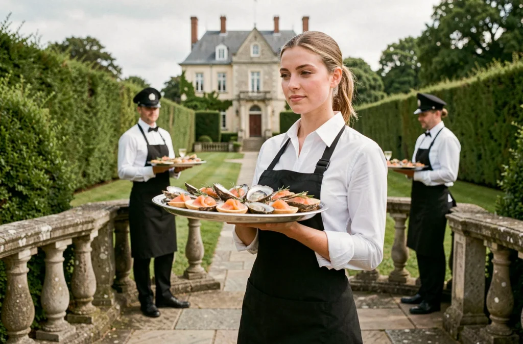 Serveur de Loison Traiteur présentant un plateau d'huîtres normandes lors d'un cocktail de mariage en plein air