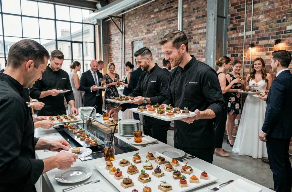 Équipe de Md Traiteur Caen servant des canapés lors d'un cocktail de mariage dans un espace événementiel moderne
