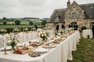 Table de réception de mariage en plein air en Normandie avec décoration florale et buffet gastronomique normand