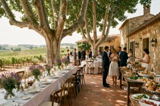 Réception de mariage en plein air en Occitanie avec tables décorées, buffet gastronomique et architecture en pierre du Languedoc