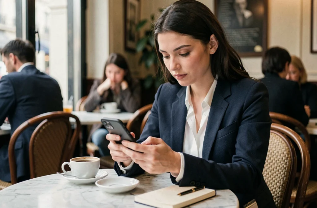 Jeune femme rédigeant un message de félicitations de mariage en retard sur son téléphone dans un café parisien