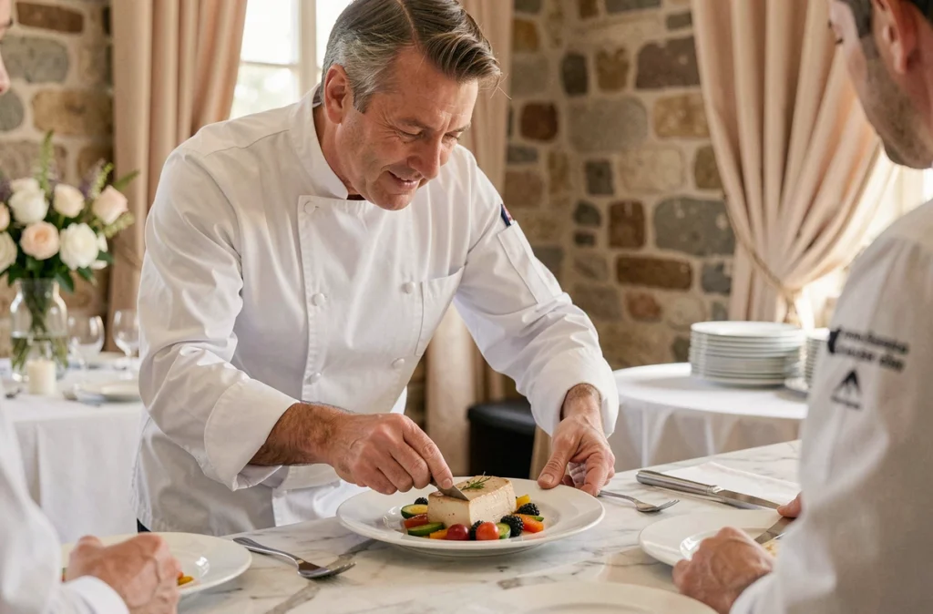 Chef de MNB Traiteur dressant une assiette gastronomique raffinée lors d'un mariage en Occitanie
