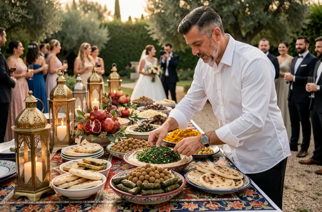 Mon Traiteur Libanais présentant un buffet mezze libanais coloré lors d'un mariage en plein air en Occitanie