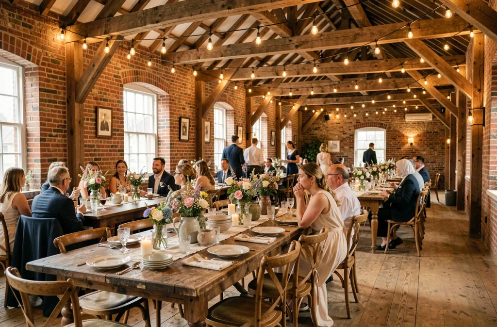Intérieur du Moulin d'Épouville converti en salle de mariage avec décor industriel chic et poutres apparentes