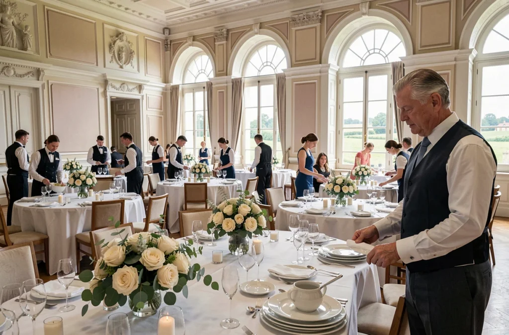 Grand banquet de mariage organisé par Normandie Traiteur Organisation dans une salle d'apparat avec service complet