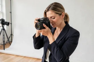 Photographe professionnelle connue examinant des images sur son appareil photo lors d'un shooting commercial en studio