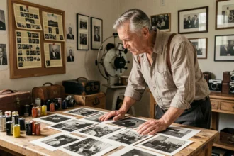 Photographe expérimenté examinant des tirages photo historiques en noir et blanc dans un studio vintage